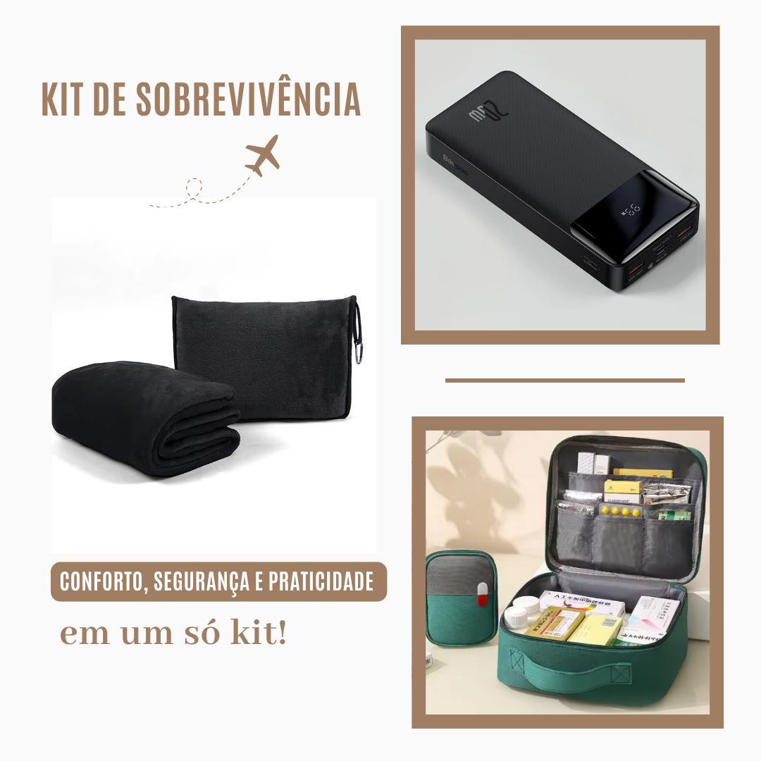 Kit de Sobrevivência: Seu Companheiro de Viagem com Cobertor JetSoft 2 em 1, Organizador de Medicamentos e Carregador Portátil ChargeUp!