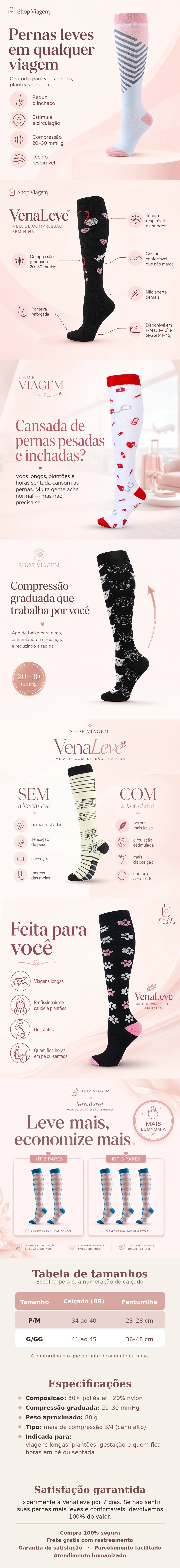 VenaLeve – Meia de Compressão Graduada 20–30mmHg para Viagem e Pernas Leves