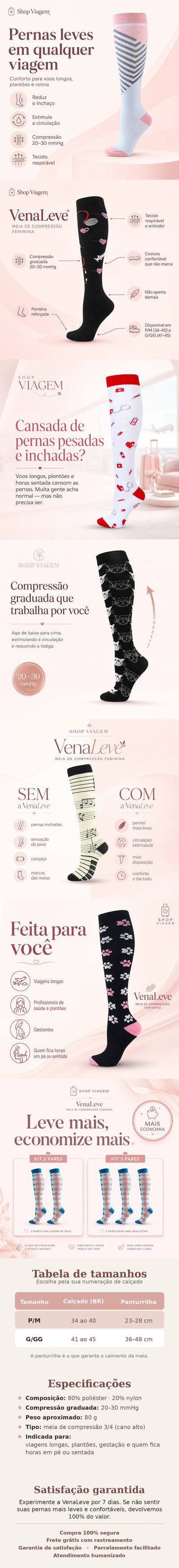 VenaLeve – Meia de Compressão Graduada 20–30mmHg para Viagem e Pernas Leves
