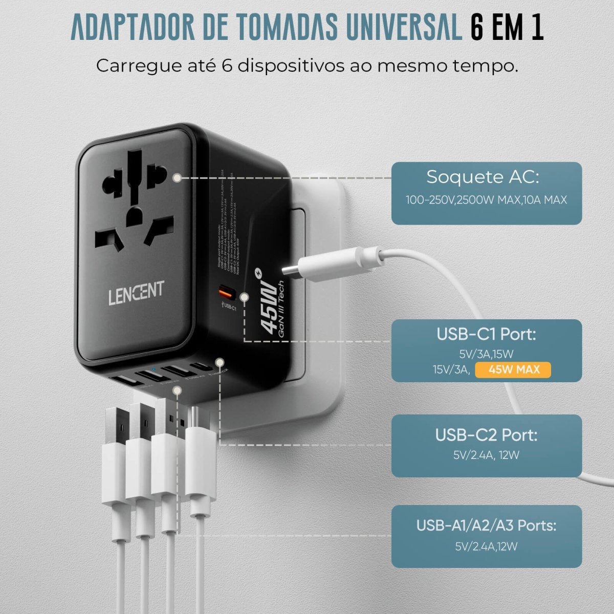 Adaptador de Tomadas Universal 6 em 1 - Shop Viagem